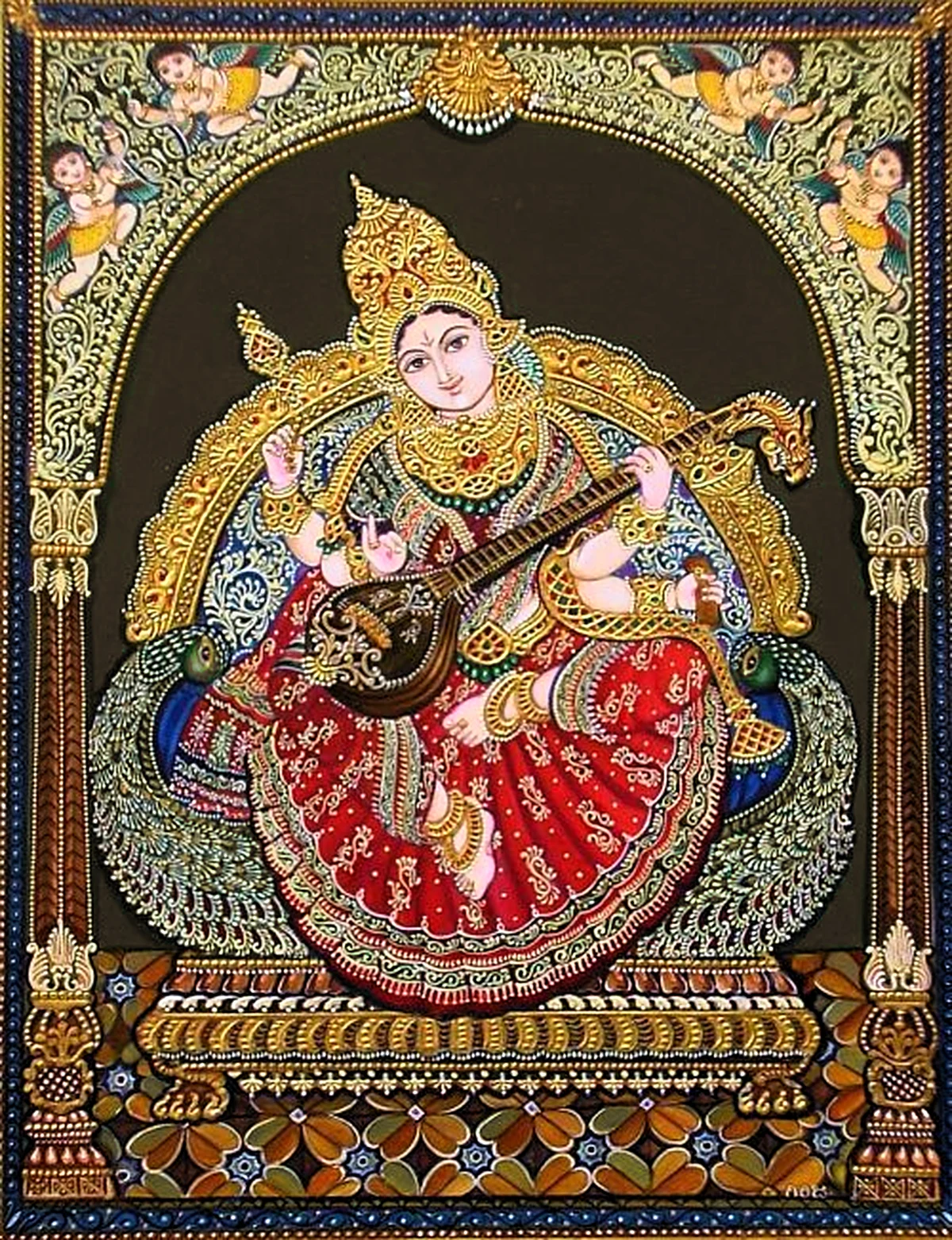 Painting of Goddess Saraswati seated on a peacock, playing the veena, framed by a gilded arch