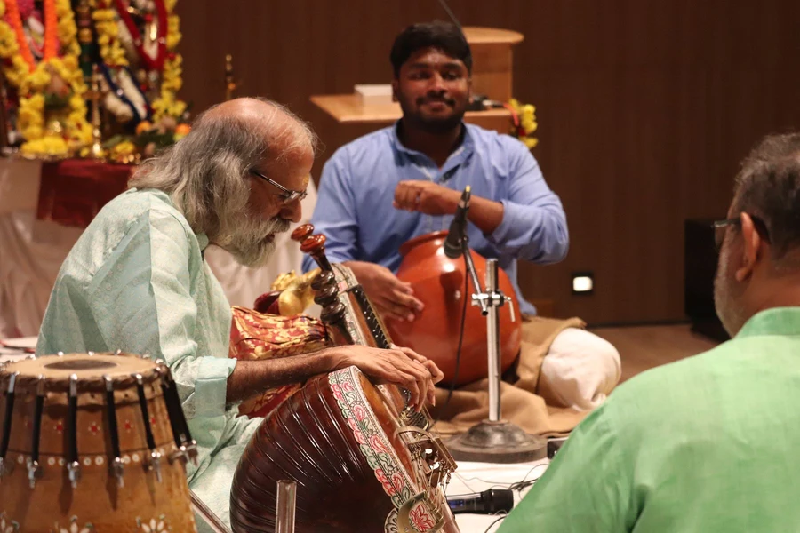 A senior vainika in concert with mridangam and ghatam accompanists at VTP V, PES University, 2024